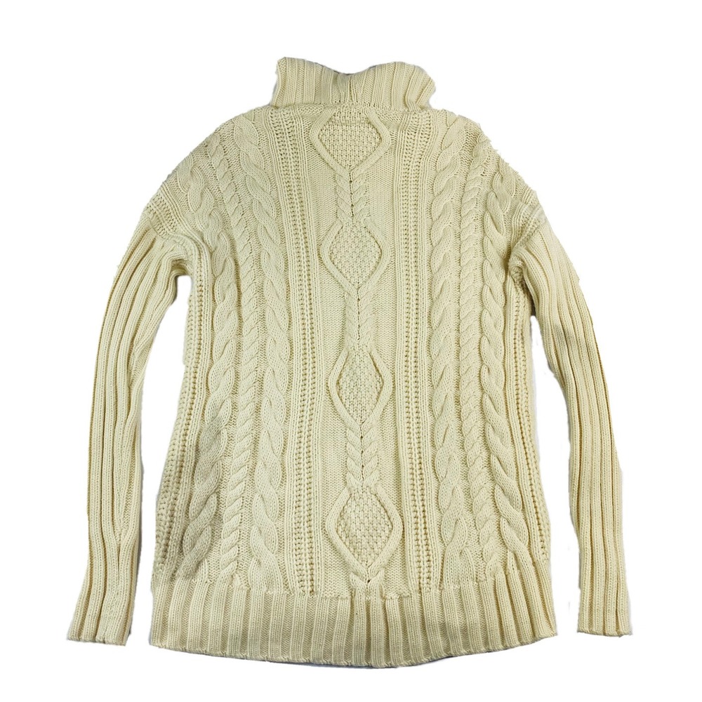 Athleta Pure Merino Wool Thick Chunky Cable Knit Turtleneck Sweater Cream Small